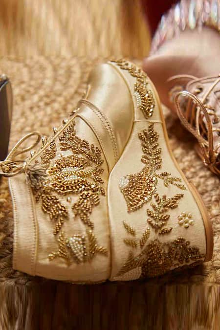 Buy_Tiesta_Gold Embroidery Tropical Sneaker Wedges _Online_at_Aza_Fashions