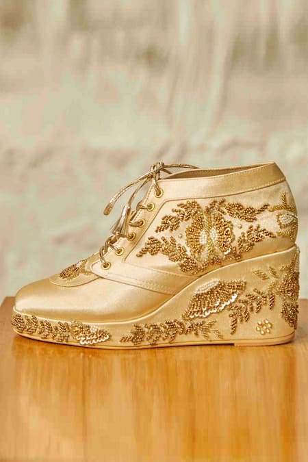 Shop_Tiesta_Gold Embroidery Tropical Sneaker Wedges _Online_at_Aza_Fashions