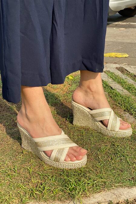 Miraki_Gold Gota Patti Work Wedges _Online_at_Aza_Fashions