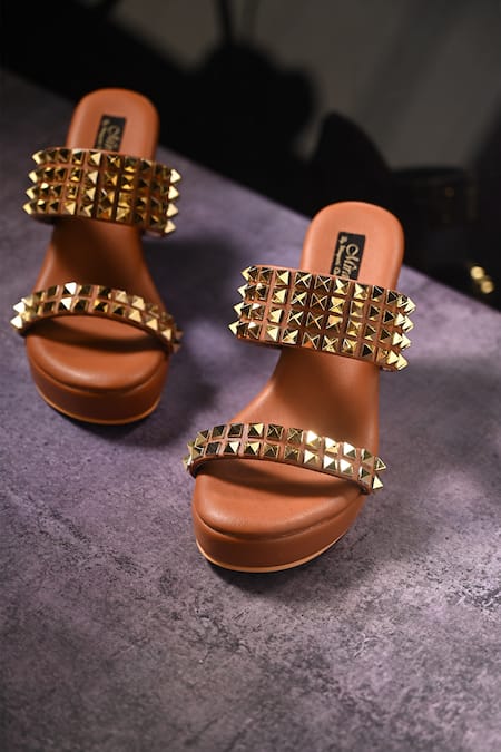Shop Miraki Brown Studs Embellished Wedges at Aza Fashions Shop_Miraki_Brown Studs Embellished Wedges _at_Aza_Fashions