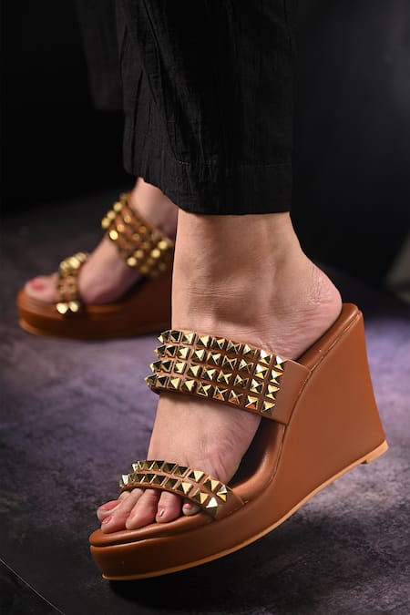 Miraki Brown Studs Embellished Wedges Online at Aza Fashions Miraki_Brown Studs Embellished Wedges _Online_at_Aza_Fashions