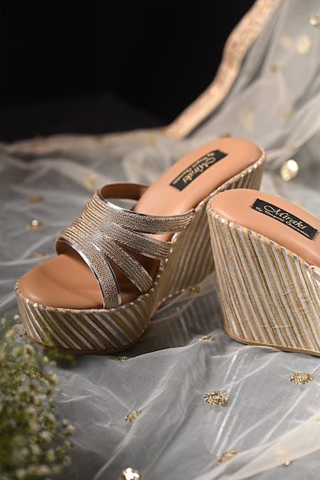 Shop_Miraki_Gold Embroidered Strappy Chain Embellished Wedges _Online_at_Aza_Fashions