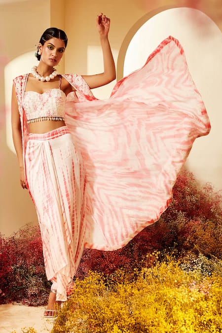 Shop Priyaa Pink Cape Georgette, Corset Silk, Dhoti Pant Satin Dori Tie Dye And Set at Aza Fashions Shop_Priyaa_Pink Cape Georgette, Corset Silk, Dhoti Pant Satin Dori Tie Dye And Set _at_Aza_Fashions