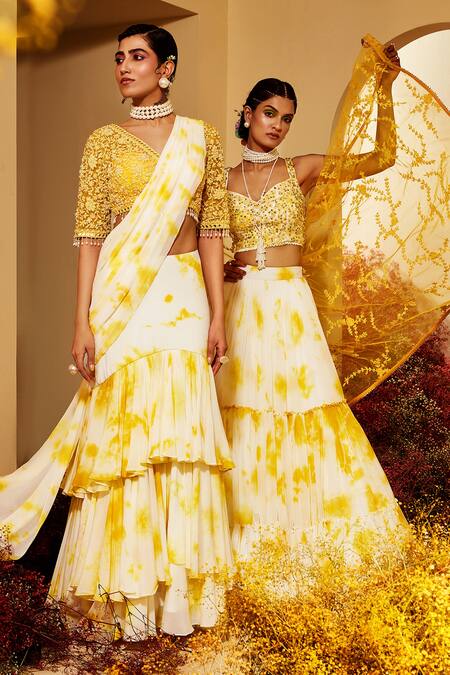 Priyaa Yellow Choli Net, Dupatta Silk Organza, Lehenga Georgette Tie Dye Tiered Set Online at Aza Fashions Priyaa_Yellow Choli Net, Dupatta Silk Organza, Lehenga Georgette Tie Dye Tiered Set _Online_at_Aza_Fashions