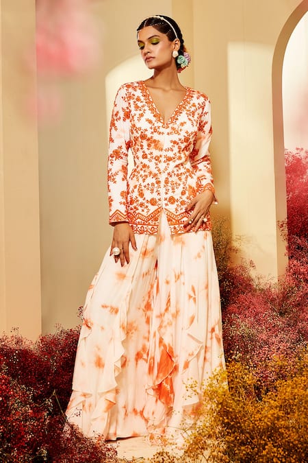 Priyaa Orange Georgette Floral Embroidery V Neck Jacket Kurta And Sharara Set 