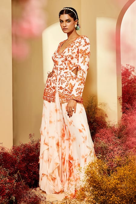 Shop Priyaa Orange Georgette Floral Embroidery V Neck Jacket Kurta And Sharara Set at Aza Fashions Shop_Priyaa_Orange Georgette Floral Embroidery V Neck Jacket Kurta And Sharara Set _at_Aza_Fashions