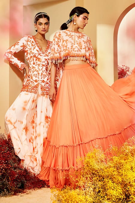 Priyaa Orange Georgette Floral Embroidery V Neck Jacket Kurta And Sharara Set Online at Aza Fashions Priyaa_Orange Georgette Floral Embroidery V Neck Jacket Kurta And Sharara Set _Online_at_Aza_Fashions