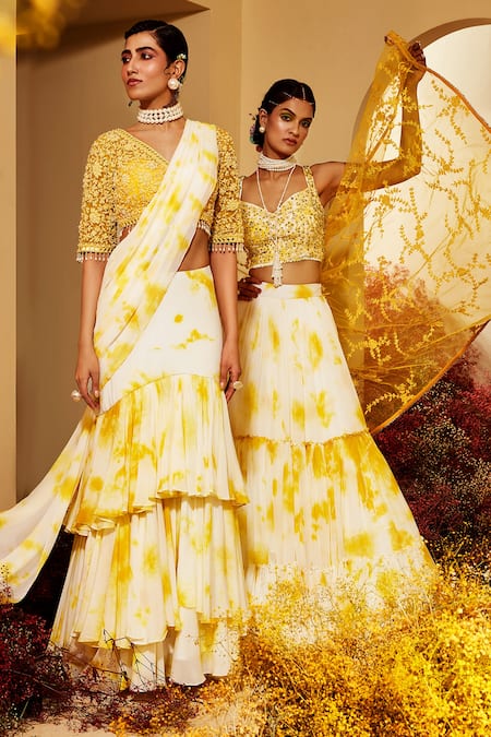 Shop Priyaa Yellow Choli Net, Saree Georgette Floral Tie Dye Pre-draped With Blouse at Aza Fashions Shop_Priyaa_Yellow Choli Net, Saree Georgette Floral Tie Dye Pre-draped With Blouse _at_Aza_Fashions