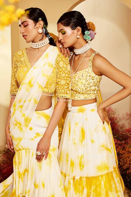 Buy Priyaa Yellow Choli Net, Saree Georgette Floral Tie Dye Pre-draped With Blouse Online at Aza Fashions Buy_Priyaa_Yellow Choli Net, Saree Georgette Floral Tie Dye Pre-draped With Blouse _Online_at_Aza_Fashions