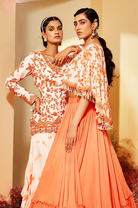 Buy Priyaa Orange Georgette Floral Embroidery Round Tiered Lehenga Set With Tie Dye Cape Online at Aza Fashions Buy_Priyaa_Orange Georgette Floral Embroidery Round Tiered Lehenga Set With Tie Dye Cape _Online_at_Aza_Fashions