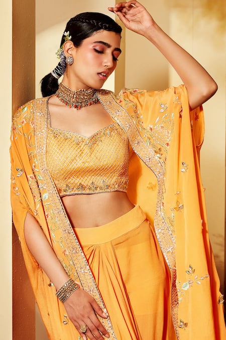 Shop_Priyaa_Yellow Crepe Gota And Resham Work Sweetheart Embroidered Cape With Dhoti Pant Set _at_Aza_Fashions
