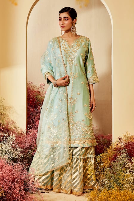 Priyaa Blue Kurta Georgette, Sharara And Dupatta Silk Organza Gota Embroidered Set 