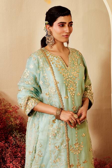 Shop Priyaa Blue Kurta Georgette, Sharara And Dupatta Silk Organza Gota Embroidered Set at Aza Fashions Shop_Priyaa_Blue Kurta Georgette, Sharara And Dupatta Silk Organza Gota Embroidered Set _at_Aza_Fashions