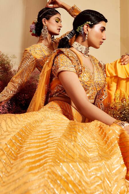 Priyaa Yellow Choli And Dupatta Net, Lehenga Chinon Mirror, Zari & Embroidered Set Online at Aza Fashions Priyaa_Yellow Choli And Dupatta Net, Lehenga Chinon Mirror, Zari & Embroidered Set _Online_at_Aza_Fashions