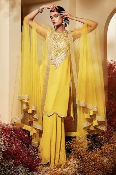 Shop Priyaa Yellow Cape Net, Kurta And Sharara Georgette Gota & Resham Embroidered Set With at Aza Fashions Shop_Priyaa_Yellow Cape Net, Kurta And Sharara Georgette Gota & Resham Embroidered Set With _at_Aza_Fashions