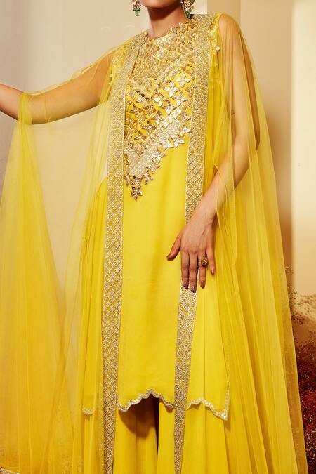 Priyaa Yellow Cape Net, Kurta And Sharara Georgette Gota & Resham Embroidered Set With Online at Aza Fashions Priyaa_Yellow Cape Net, Kurta And Sharara Georgette Gota & Resham Embroidered Set With _Online_at_Aza_Fashions