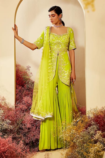 Priyaa Green Dupatta Net, Kurta And Sharara Georgette Gota & Embroidered Peplum Set 