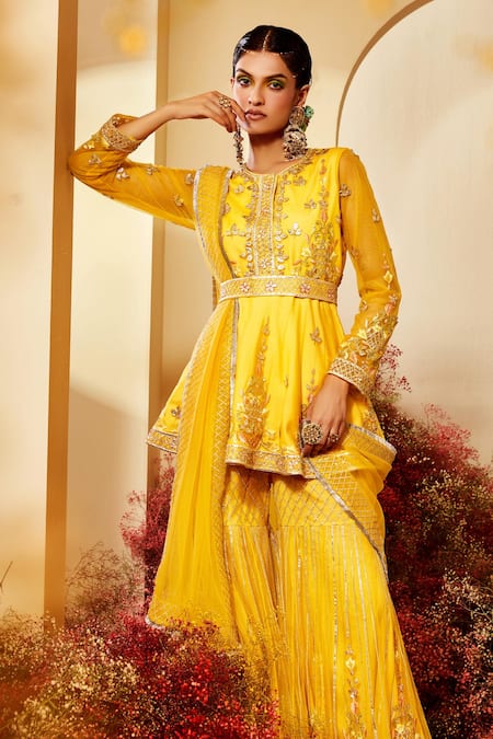 Shop Priyaa Yellow Net Gota And Resham Work Round Embroidered Peplum Kurta Sharara Set at Aza Fashions Shop_Priyaa_Yellow Net Gota And Resham Work Round Embroidered Peplum Kurta Sharara Set _at_Aza_Fashions