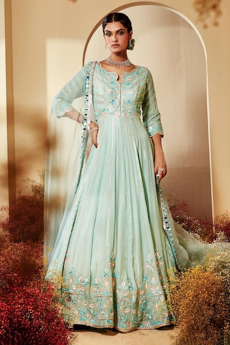 Priyaa Blue Anarkali Georgette, Dupatta Organza, Pant Embroidered Set 
