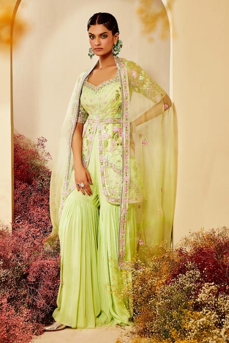 Priyaa Green Dupatta Silk Organza, Kurta And Sharara Georgette Embroidered Peplum Set 