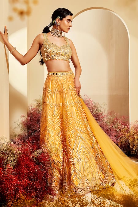 Priyaa Yellow Net Embroidered Gota And Mirror Work & Bridal Lehenga Set 