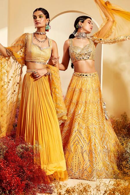 Priyaa Yellow Net Gota And Mirror Work Sweetheart Neck & Embroidered Bridal Lehenga Set Online at Aza Fashions Priyaa_Yellow Net Gota And Mirror Work Sweetheart Neck & Embroidered Bridal Lehenga Set _Online_at_Aza_Fashions