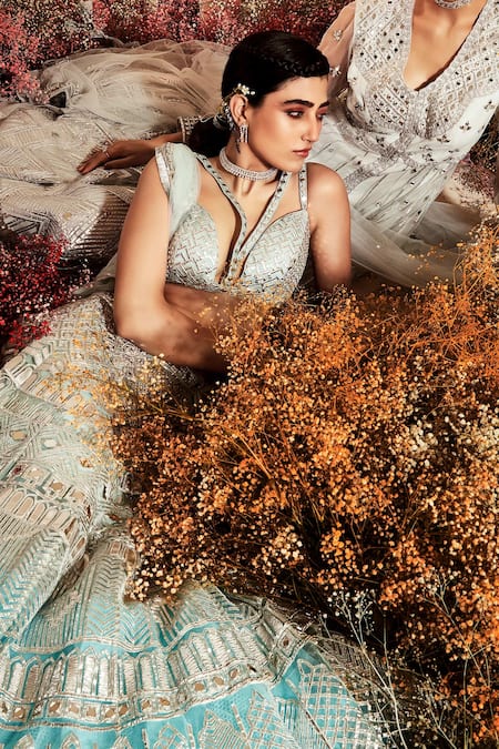 Buy_Priyaa_Blue Net Gota And Mirror Work Plunge V & Embroidered Bridal Lehenga Set _Online_at_Aza_Fashions