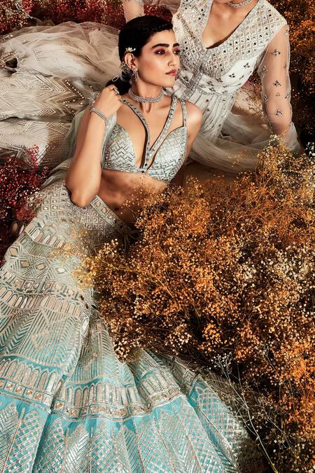 Shop_Priyaa_Blue Net Gota And Mirror Work Plunge V & Embroidered Bridal Lehenga Set _Online_at_Aza_Fashions
