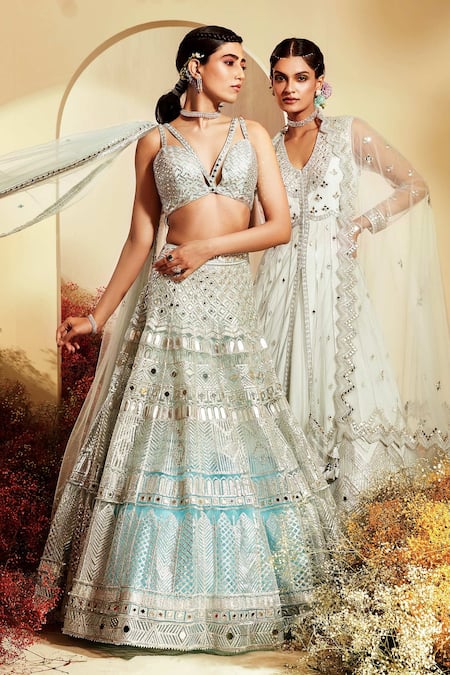 Priyaa Blue Net Gota And Mirror Work V Neck & Embroidered Jacket Lehenga Set Online at Aza Fashions Priyaa_Blue Net Gota And Mirror Work V Neck & Embroidered Jacket Lehenga Set _Online_at_Aza_Fashions
