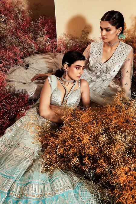 Buy Priyaa Blue Net Gota And Mirror Work V Neck & Embroidered Jacket Lehenga Set Online at Aza Fashions Buy_Priyaa_Blue Net Gota And Mirror Work V Neck & Embroidered Jacket Lehenga Set _Online_at_Aza_Fashions