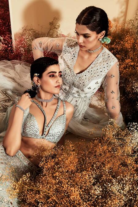 Shop Priyaa Blue Net Gota And Mirror Work V Neck & Embroidered Jacket Lehenga Set Online at Aza Fashions Shop_Priyaa_Blue Net Gota And Mirror Work V Neck & Embroidered Jacket Lehenga Set _Online_at_Aza_Fashions