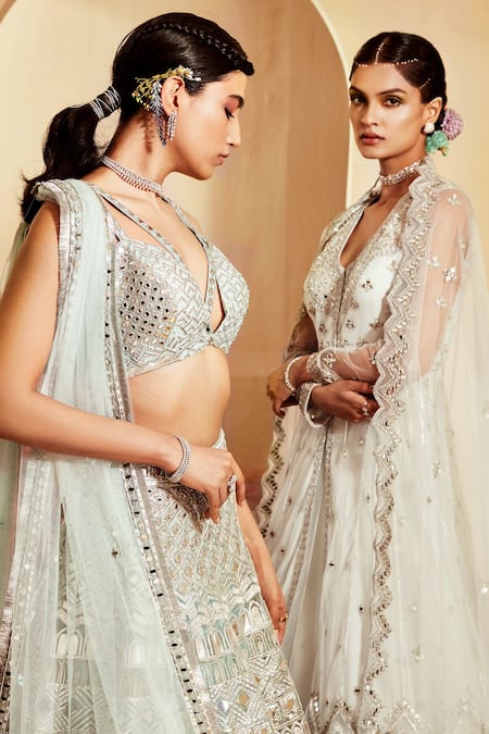 Priyaa Blue Net Gota And Mirror Work V Neck & Embroidered Jacket Lehenga Set at Aza Fashions Priyaa_Blue Net Gota And Mirror Work V Neck & Embroidered Jacket Lehenga Set _at_Aza_Fashions