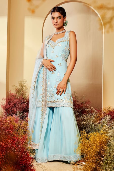 Priyaa Blue Dupatta Silk Organza, Kurta And Sharara Chanderi Gota & Resham Set 