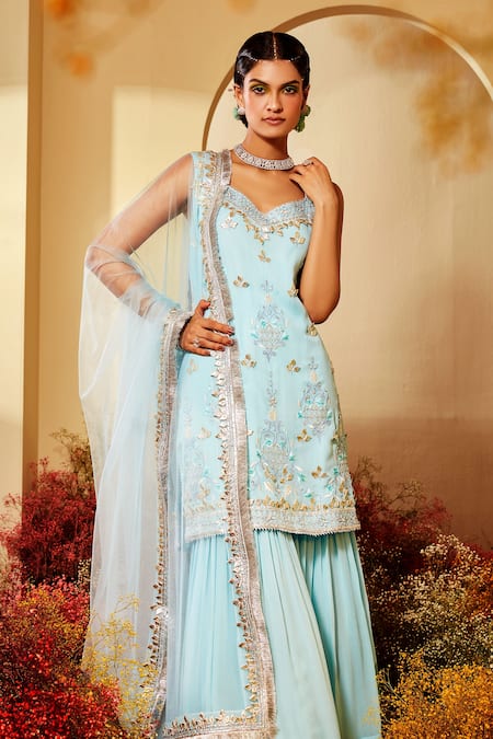 Shop Priyaa Blue Dupatta Silk Organza, Kurta And Sharara Chanderi Gota & Resham Set at Aza Fashions Shop_Priyaa_Blue Dupatta Silk Organza, Kurta And Sharara Chanderi Gota & Resham Set _at_Aza_Fashions