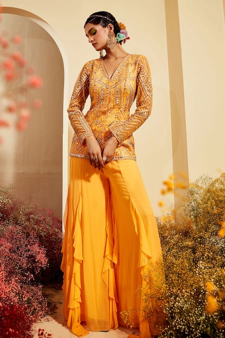 Priyaa Yellow Jacket Kurta Net, Sharara Silk Georgette Gota And Mirror Embroidered & 