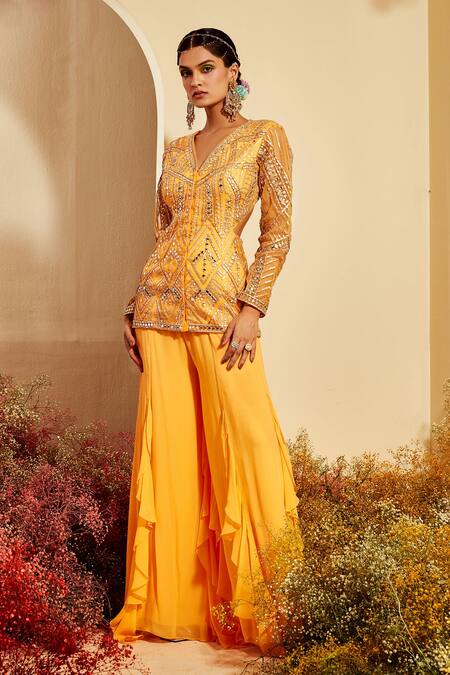 Priyaa Yellow Jacket Kurta Net, Sharara Silk Georgette Gota And Mirror Embroidered & Online at Aza Fashions Priyaa_Yellow Jacket Kurta Net, Sharara Silk Georgette Gota And Mirror Embroidered & _Online_at_Aza_Fashions