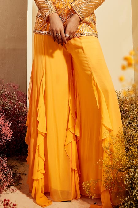 Buy Priyaa Yellow Jacket Kurta Net, Sharara Silk Georgette Gota And Mirror Embroidered & Online at Aza Fashions Buy_Priyaa_Yellow Jacket Kurta Net, Sharara Silk Georgette Gota And Mirror Embroidered & _Online_at_Aza_Fashions
