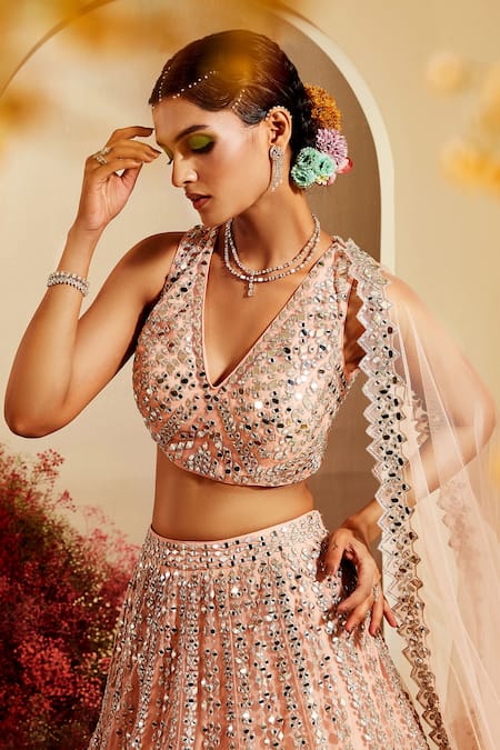 Priyaa Peach Net Gota And Mirror Work V Neck & Embroidered Bridal Lehenga Set Online at Aza Fashions Priyaa_Peach Net Gota And Mirror Work V Neck & Embroidered Bridal Lehenga Set _Online_at_Aza_Fashions