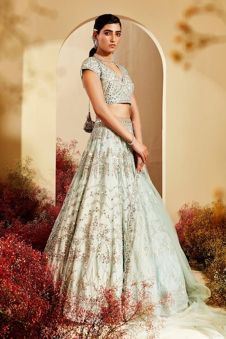 Priyaa_Blue Net Gota And Mirror Work Plunge V & Embroidered Bridal Lehenga Set _Online_at_Aza_Fashions