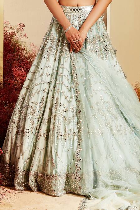 Buy_Priyaa_Blue Net Gota And Mirror Work Plunge V & Embroidered Bridal Lehenga Set _Online_at_Aza_Fashions