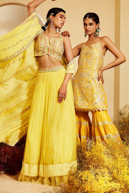Shop Priyaa Yellow Silk, Dupatta Net, Kurta And Sharara Chanderi Gota & Embroidered Set Online at Aza Fashions Shop_Priyaa_Yellow Silk, Dupatta Net, Kurta And Sharara Chanderi Gota & Embroidered Set _Online_at_Aza_Fashions