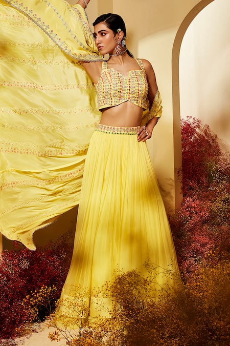 Shop Priyaa Yellow Net, Crepe Chiffon Dori Work, Mirror Work, Embroidered Cape Lehenga Set at Aza Fashions Shop_Priyaa_Yellow Net, Crepe Chiffon Dori Work, Mirror Work, Embroidered Cape Lehenga Set _at_Aza_Fashions