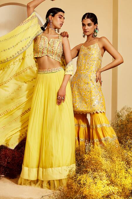Priyaa Yellow Net, Crepe Chiffon Dori Work, Mirror Work, Embroidered Cape Lehenga Set Online at Aza Fashions Priyaa_Yellow Net, Crepe Chiffon Dori Work, Mirror Work, Embroidered Cape Lehenga Set _Online_at_Aza_Fashions
