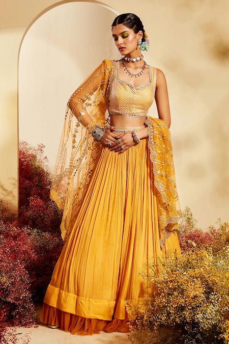Shop Priyaa Yellow Blouse And Dupatta Net, Lehenga Chiffon Gota & Mirror Work Gathered Set at Aza Fashions Shop_Priyaa_Yellow Blouse And Dupatta Net, Lehenga Chiffon Gota & Mirror Work Gathered Set _at_Aza_Fashions