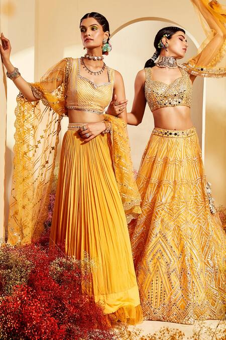 Priyaa Yellow Blouse And Dupatta Net, Lehenga Chiffon Gota & Mirror Work Gathered Set Online at Aza Fashions Priyaa_Yellow Blouse And Dupatta Net, Lehenga Chiffon Gota & Mirror Work Gathered Set _Online_at_Aza_Fashions