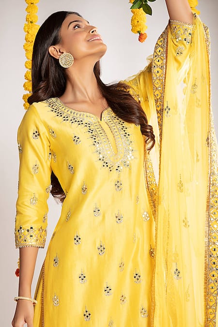 Shop Priyaa Yellow Net, Chanderi Silk Gota And Mirror Round Kurta Sharara Set at Aza Fashions Shop_Priyaa_Yellow Net, Chanderi Silk Gota And Mirror Round Kurta Sharara Set _at_Aza_Fashions
