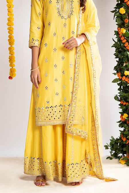Priyaa Yellow Net, Chanderi Silk Gota And Mirror Round Kurta Sharara Set Online at Aza Fashions Priyaa_Yellow Net, Chanderi Silk Gota And Mirror Round Kurta Sharara Set _Online_at_Aza_Fashions
