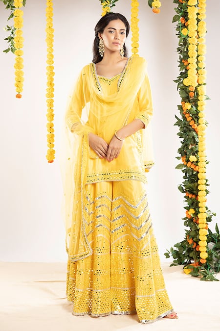 Priyaa Yellow Net, Chanderi Silk Gota And Mirror V Neck Kurta Sharara Set 