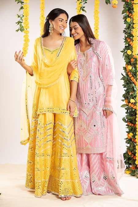 Shop Priyaa Yellow Net, Chanderi Silk Gota And Mirror V Neck Kurta Sharara Set at Aza Fashions Shop_Priyaa_Yellow Net, Chanderi Silk Gota And Mirror V Neck Kurta Sharara Set _at_Aza_Fashions