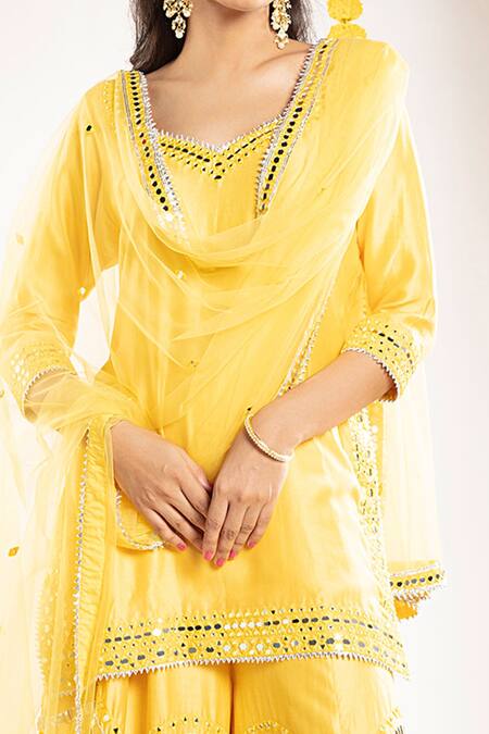 Priyaa Yellow Net, Chanderi Silk Gota And Mirror V Neck Kurta Sharara Set Online at Aza Fashions Priyaa_Yellow Net, Chanderi Silk Gota And Mirror V Neck Kurta Sharara Set _Online_at_Aza_Fashions